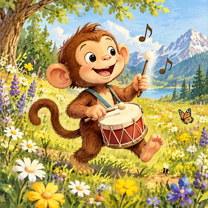 Milo marches rhythmically through a flowered meadow making music on a small hand drum, musical notes drifting around him.