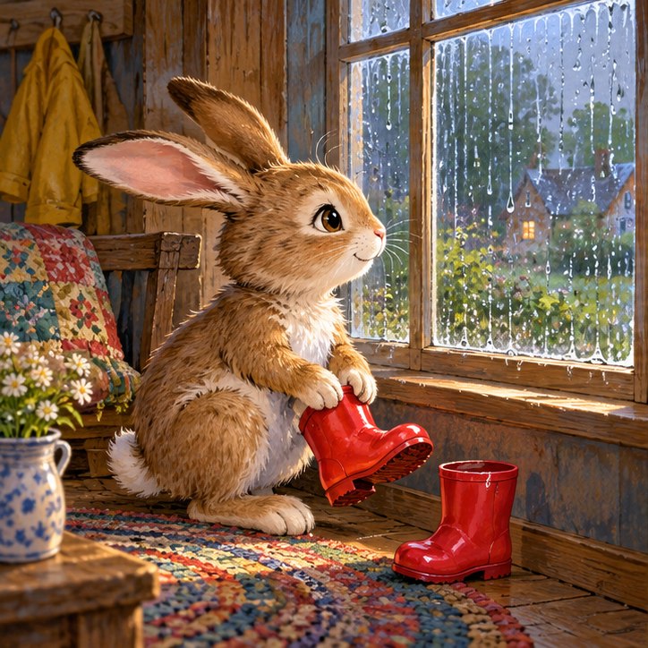 Ruby looks through a window at falling rain while putting on her red boots.